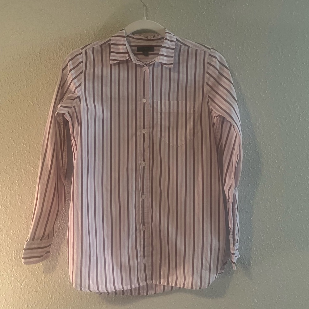 J.Crew Red Brown Pink Women's Classic-fit Boy Shirt In Trifecta Stripe Sz 0